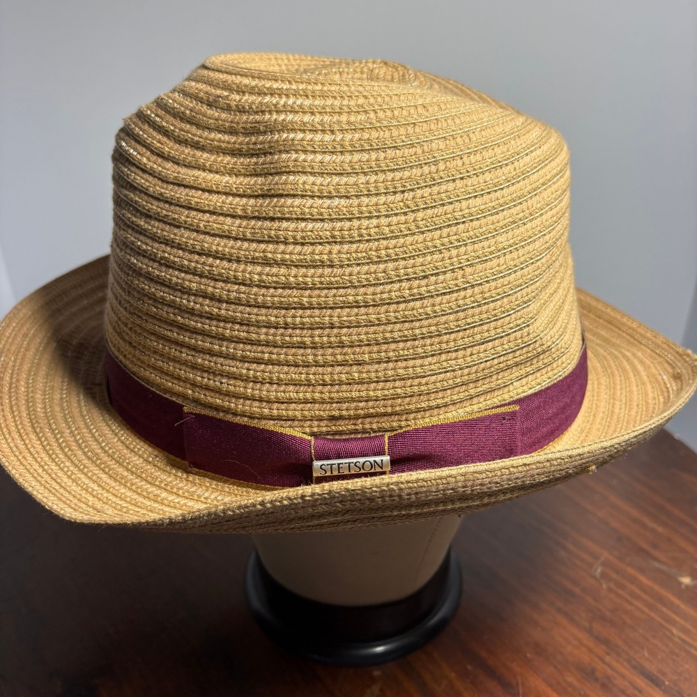 Stetson Fedora Hat  Mens XL Tan Straw Maroon Ribbon Braided Cotton Blend Preppy‎